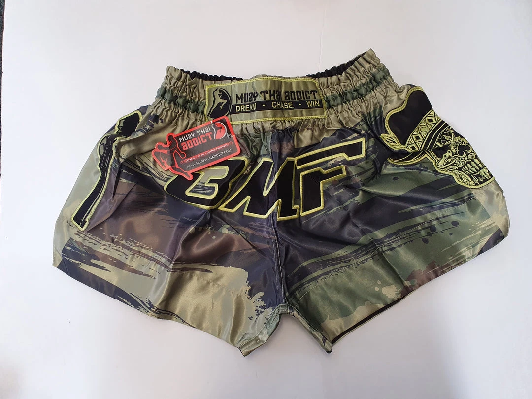 Muay Thai Addict-BMF Olive Showdown Muay Thai Shorts 1 Muay Thai Addict-BMF Olive Showdown Muay Thai Shorts