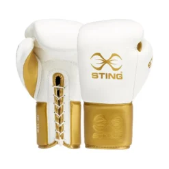 STING-EVOLUTION BBBOFC APPROVED WHITE/GOLD FIGHT GLOVES SENIOR GLOVES