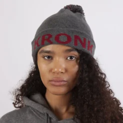 KRONK Detroit Bobble Hat Charcoal With Dark Red Knitted Logo